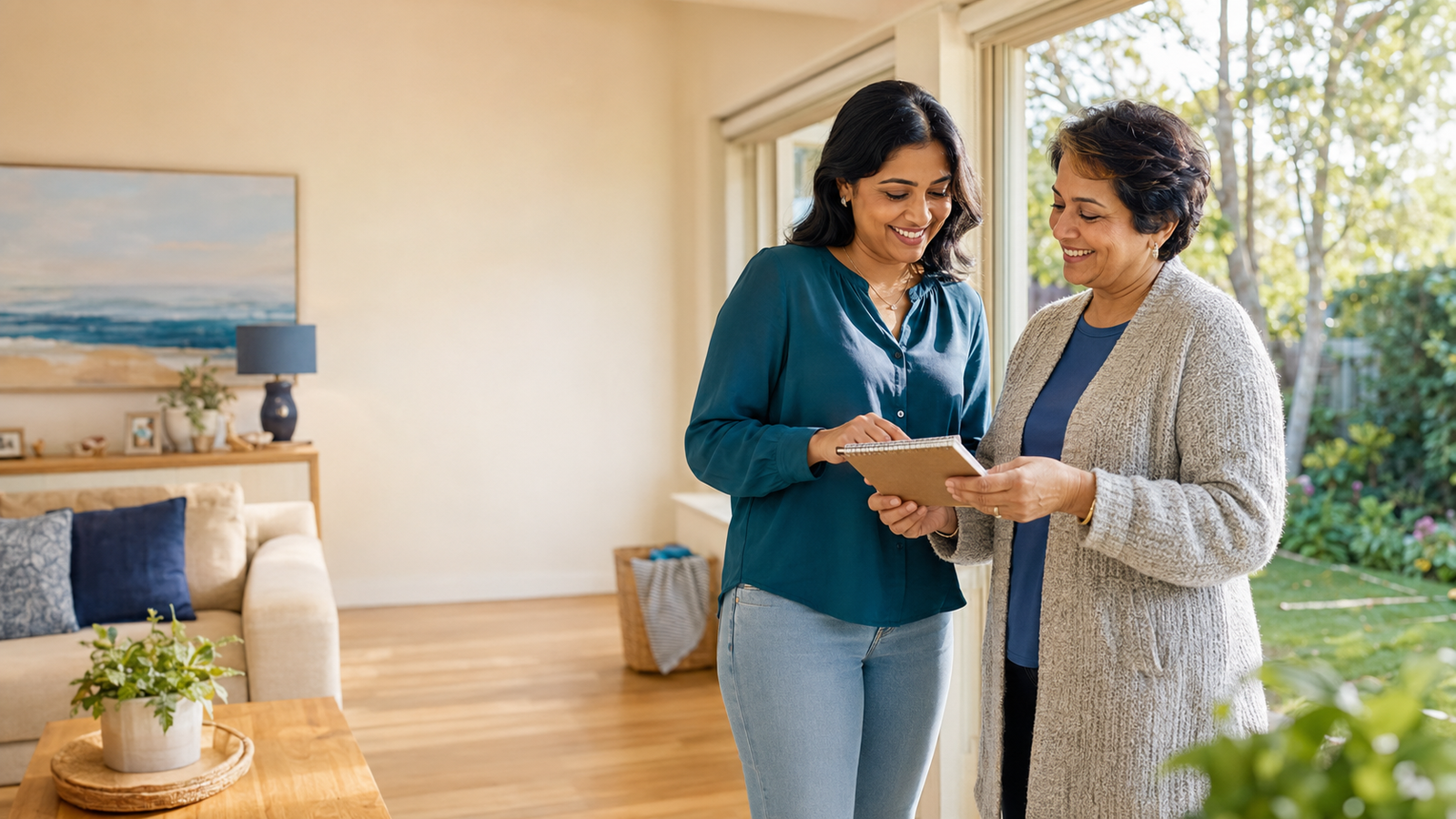 Two people reviewing notes together at home