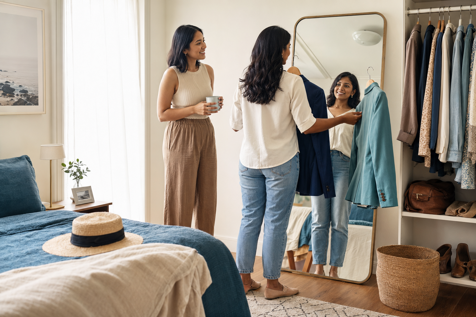 Two people discussing daily routines in a bedroom