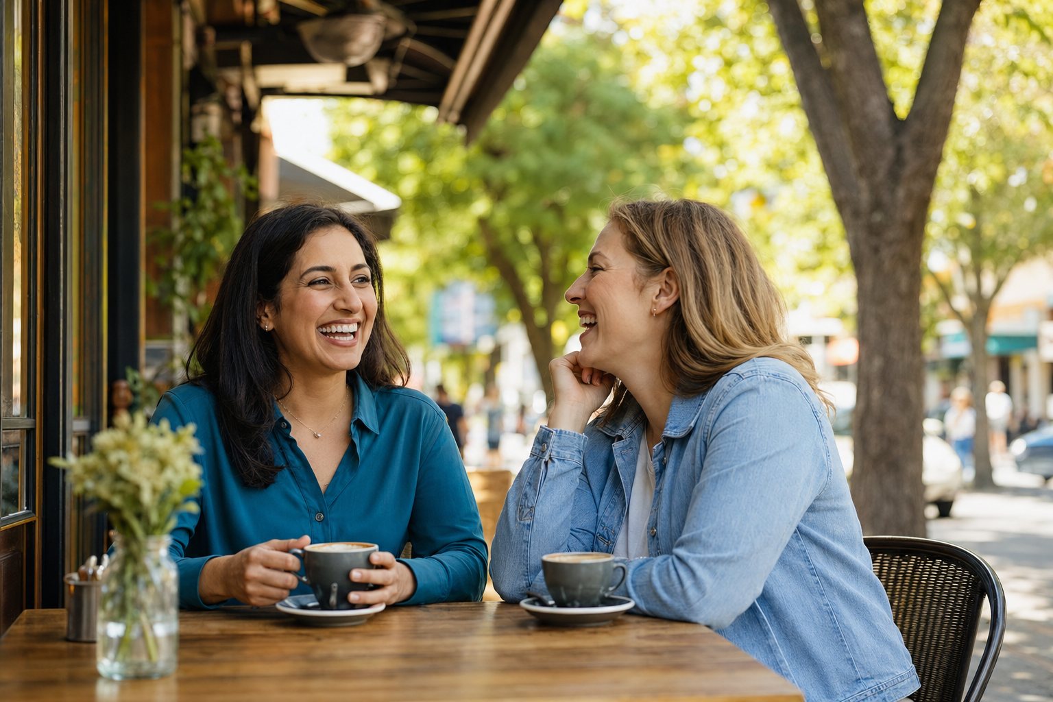 Two people enjoying a conversation at a local cafe