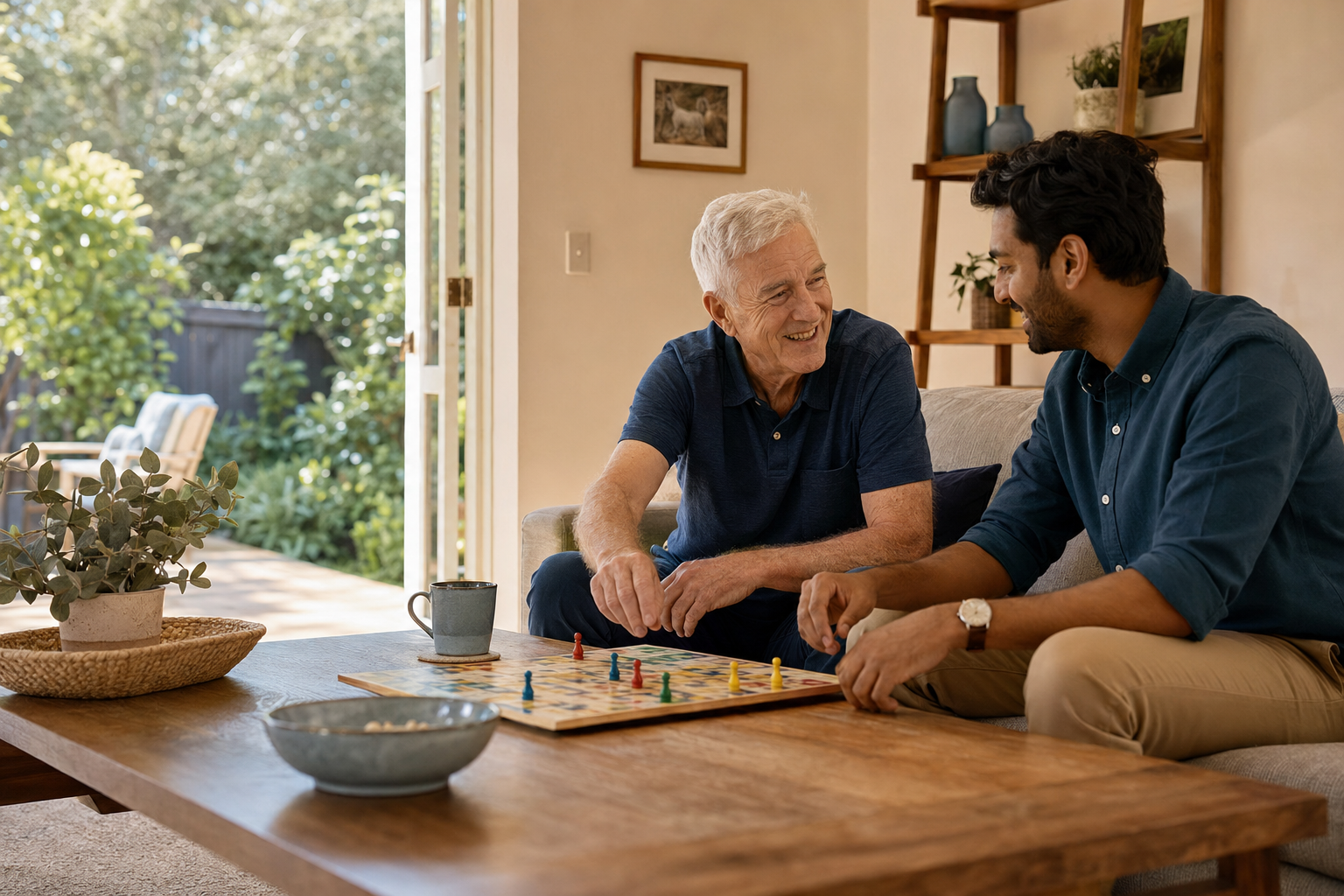 Two people enjoying a board game at home