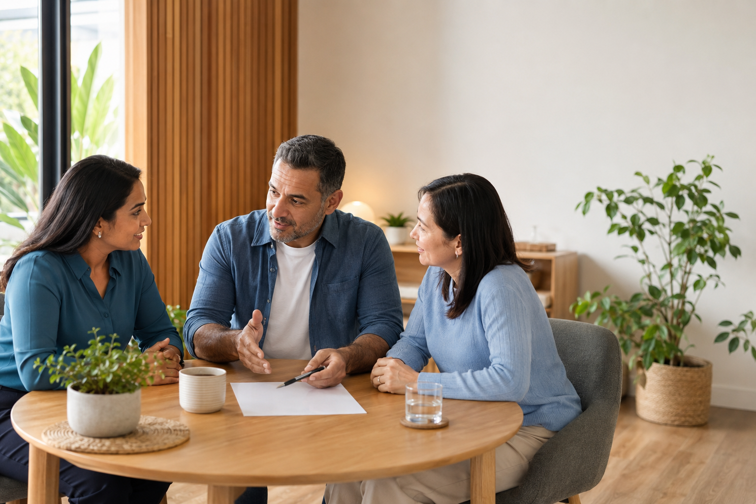 Three people discussing support plans around a table