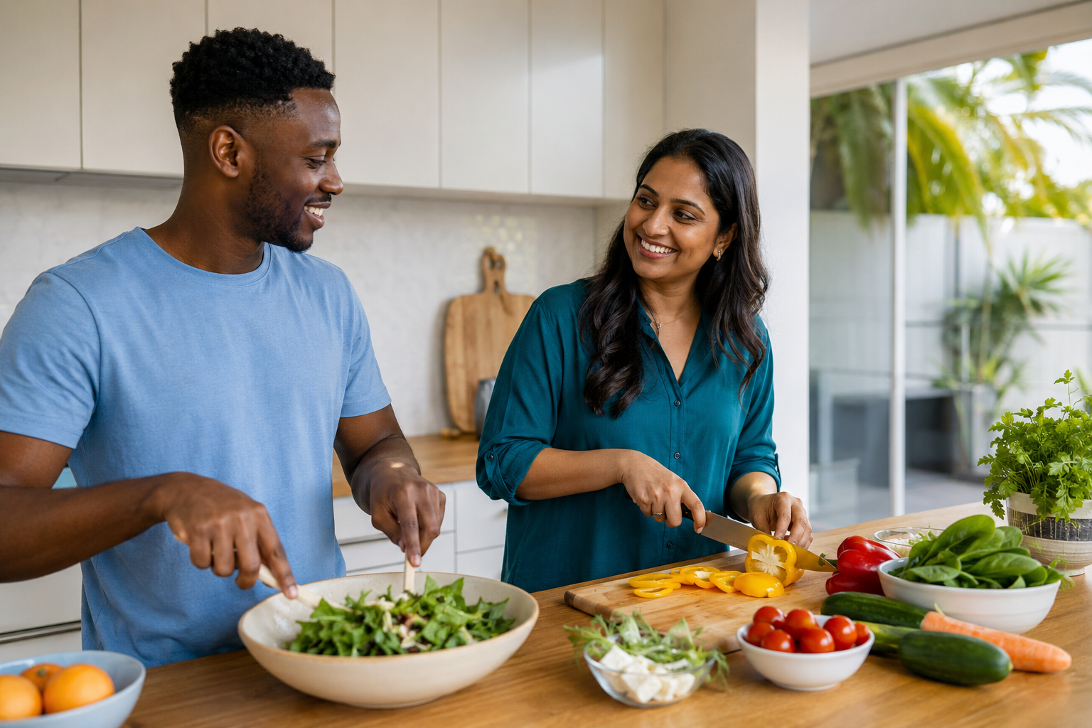 Two people preparing a healthy meal together